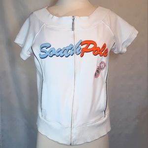 South Pole Women Vintage Jacket Short Sleeve Pockets Zipper White RARE Shirt Top